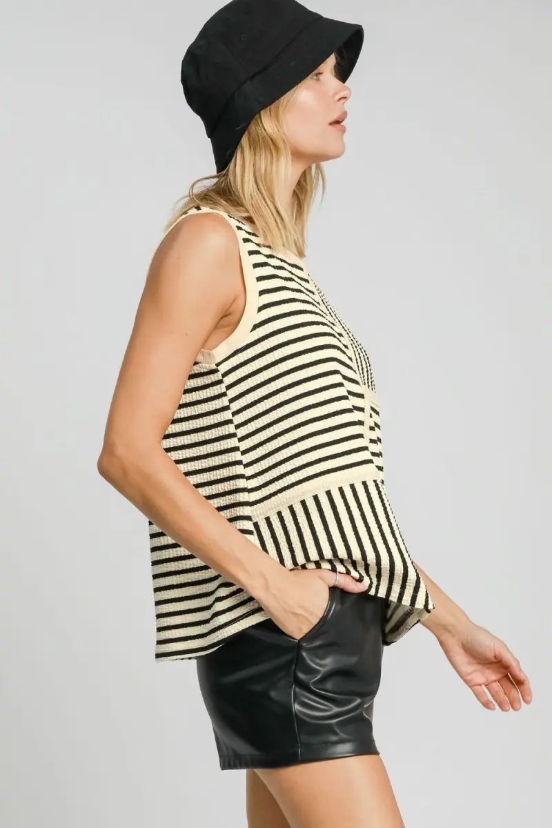 Umgee Round Neck Texture Striped Tank Top for Women - Love Salve